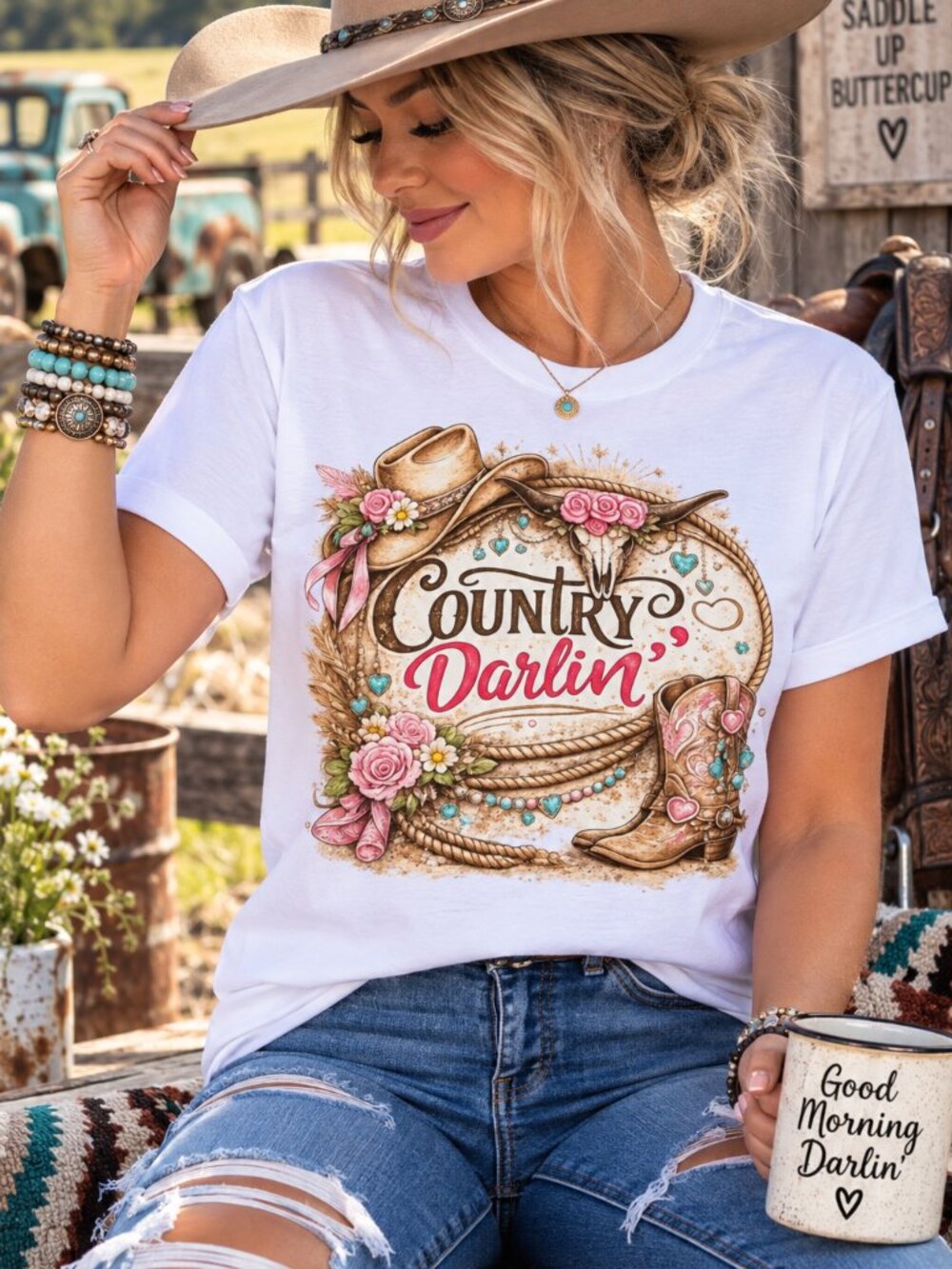 Country Darlin Western Graphic T Shirt Trendy Boutique Style Tee Womens White